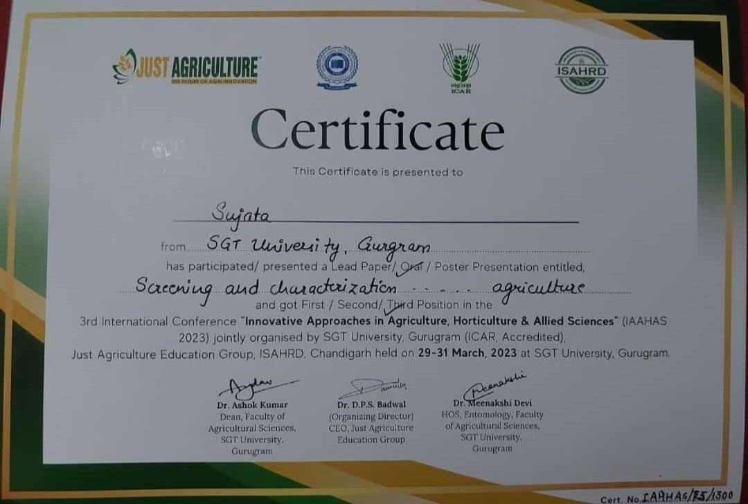 DrKunal_KLab's tweet photo. My Master's Student Ms.Sujata got Third position in oral presentation at IAAHAS 2023 Conference
#SGT https://t.co/s6aGo99Z5c