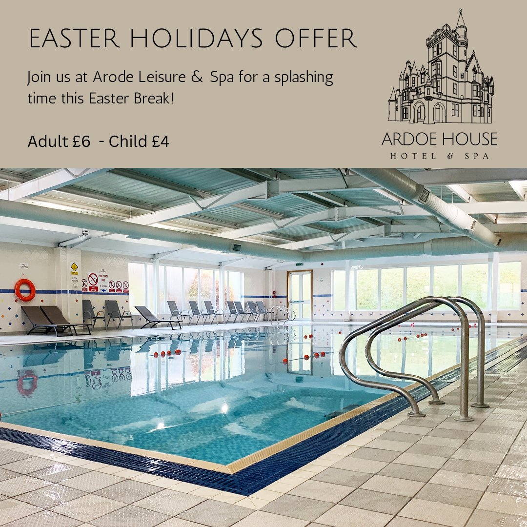 🌊🌊Easter Holidays Swimming Offer 🌊🌊

Join us at Arode Leisure &amp; Spa for a splashing time this Easter!

Adults - £6 each/ Children - £4 each

Valid 9am-5pm, 3rd - 16th April • Excludes Saturdays • Access to swimming only 

#ardoehousehotelandspa #ardoeleisureandspa
