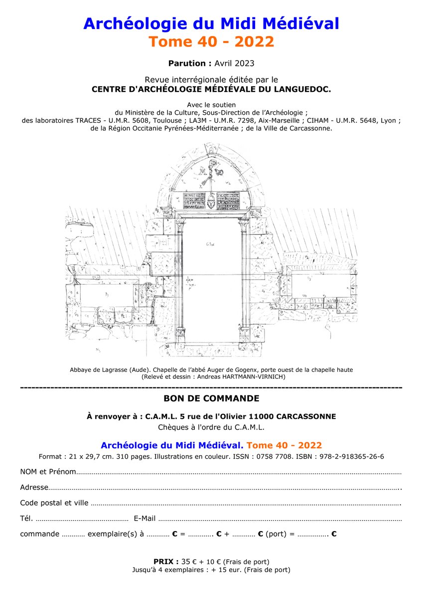Voici le sommaire du prochain numéro de la revue Archéologie du Midi Médiéval qui paraîtra ce mois-ci avec, en particulier, un dossier spécial sur l'abbaye de Lagrasse dans l'Aude.