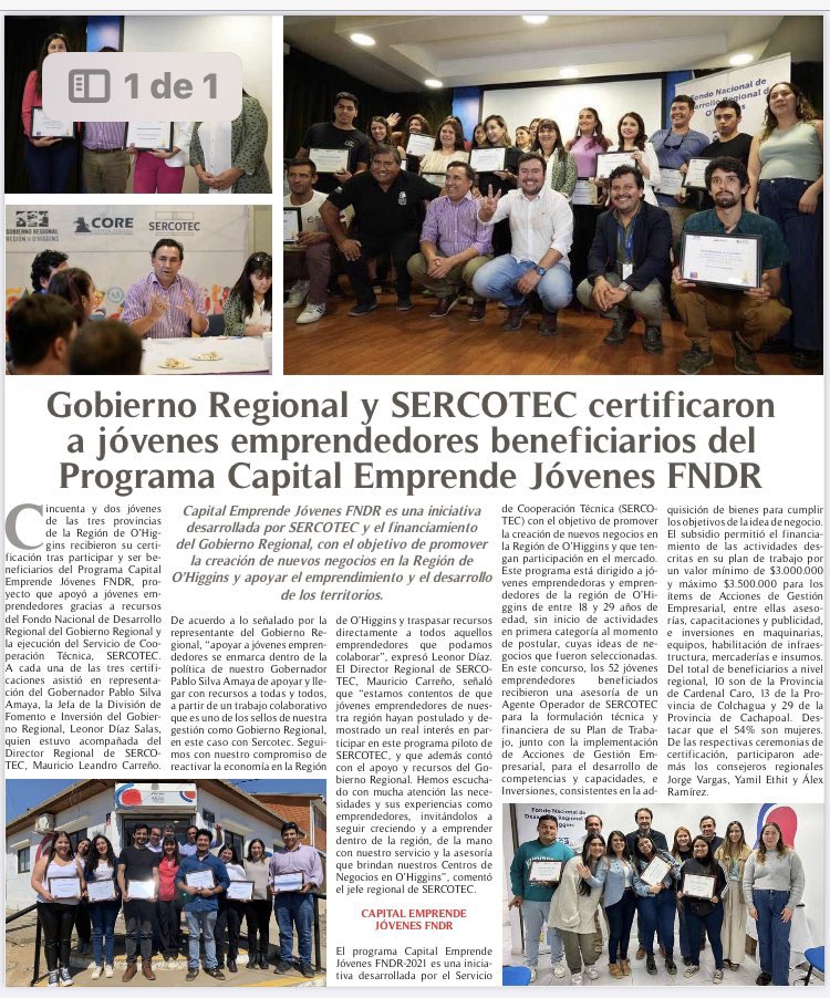 Hoy en <a href="/elrancaguino/">Diario El Rancagüino</a> jóvenes emprendedores (as) de Región de O’Higgins beneficiarios del #CapitalEmprendeJovenFNDR #Sercotec que promueve creación de nuevos negocios con participación en mercado y foco regional. 13 son de provincia #Colchagua y 10 de provincia #CardenalCaro.