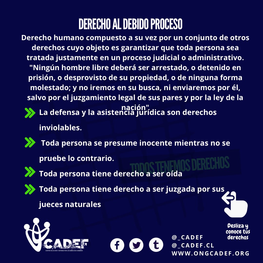 _cadef's tweet image. #TodosTenemosDerechos | Recuerda que el debido proceso es un derecho humano, por lo tanto debe ser respetado y considerado como tal. #Cadef #DDHH #formación
