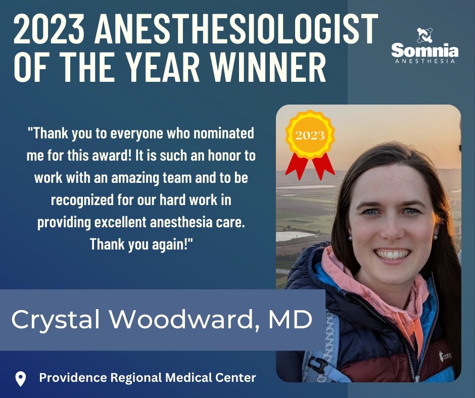 SomniaInc's tweet photo. Congratulations to Crystal Woodward for being named Somnia’s Anesthesiologist of the Year! Thanks for all the hard work you and all the Anesthesiologists have put in this past year. #MDoftheYear #Anesthesiologistoftheyear https://t.co/D8AhlLvRk3