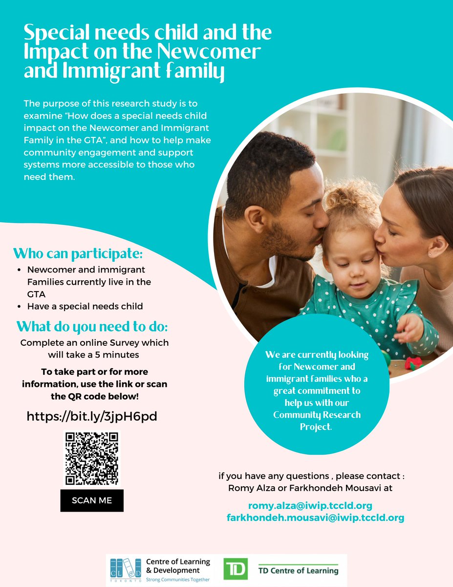 torontocld's tweet photo. From IWIP: We are looking for newcomer, refugee, and immigrant families who have special needs children living in the GTA.
If you would like to participate, please use this link for a quick 5-minute survey: https://t.co/9d2kE5wQl8
#strongcommunitiestogether https://t.co/SU3t72AacD