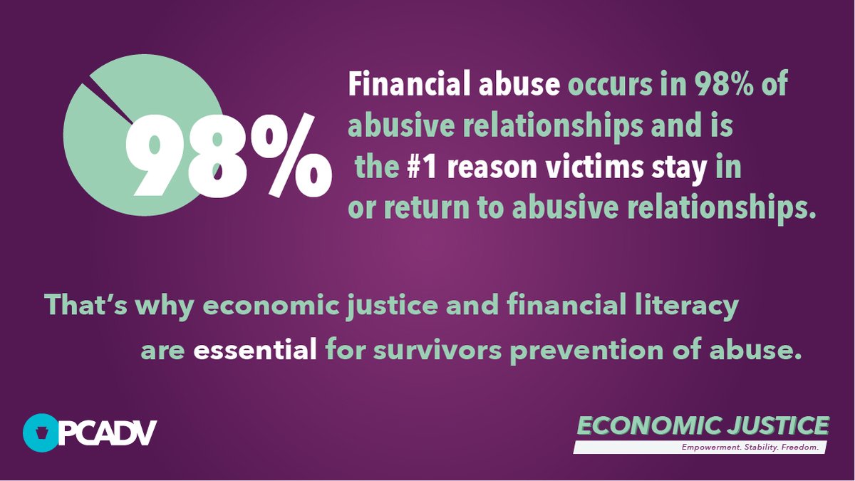 April is Financial Literacy Month. Financial abuse is present in 98 percent of abusive relationships, and it's one of the main reasons that a victim remains in or returns to an abusive relationship.

Follow our social media channels throughout the month to learn more 💜
