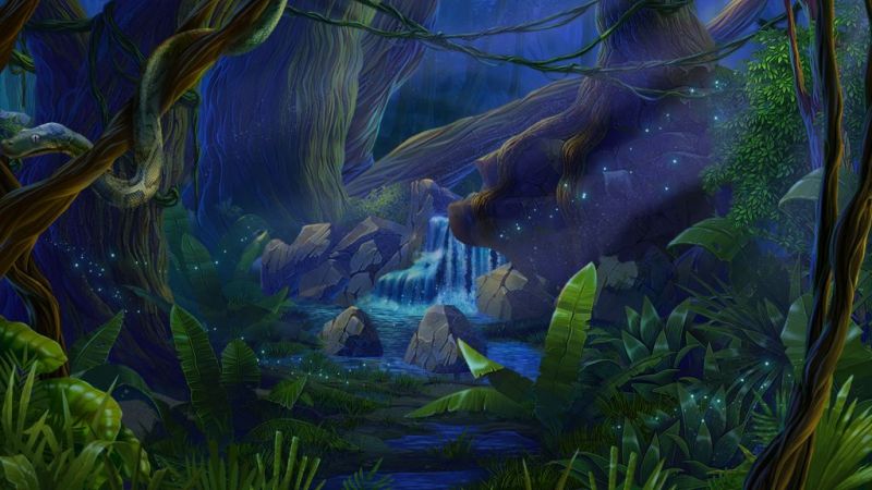 Night scene of an anime jungle with glowing orbs on Craiyon