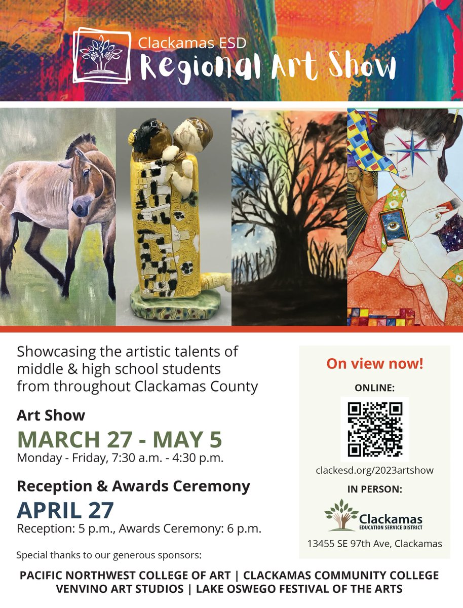 Explore 242 paintings, drawings, digital art, ceramics, photography &amp; more from students across #Clackamas County. The Clackamas ESD Regional Art Show is on view now in person or online! buff.ly/3z7uiIf <a href="/canbyschools/">Canby School District</a> <a href="/EstacadaSchools/">Estacada Schools</a> <a href="/wearelosd/">LOSD</a> <a href="/nc12Schools/">NClackamasSchools</a> <a href="/WLWVdistrict/">WLWV School District</a>
