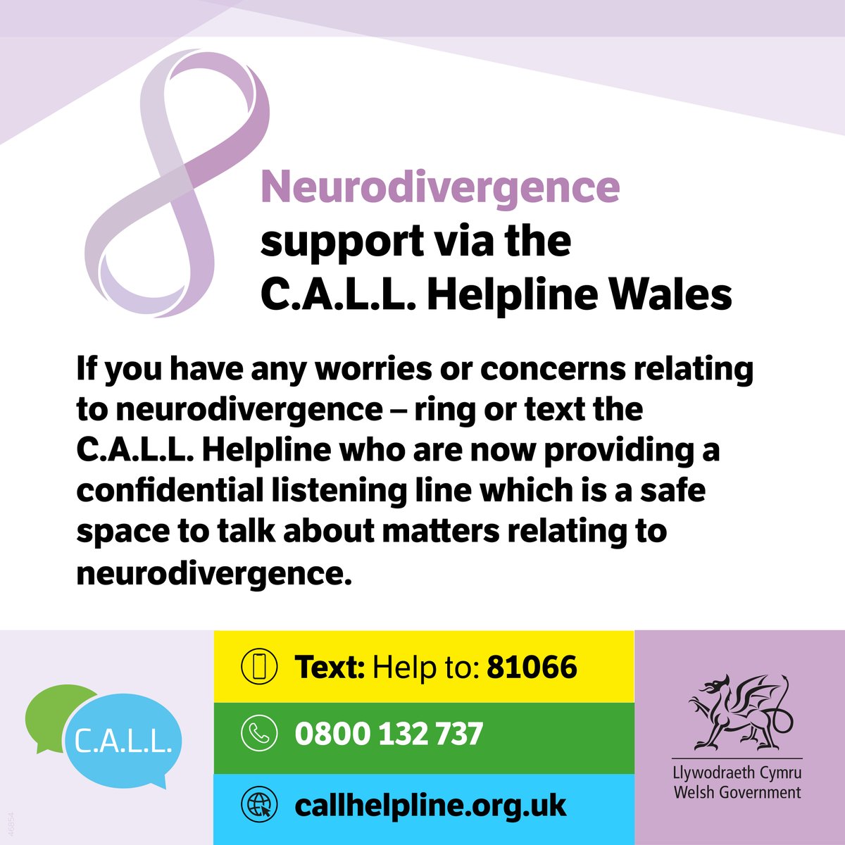 Today sees the launch of a Neurodivergence listening line via C.A.L.L. Helpline Wales. 📞

If you have worries or concerns, the <a href="/CALL_247/">CALL Helpline Wales</a> team can provide a safe space to talk.

Text Help to: 81066
Or call 0800 132 737
Or visit callhelpline.org.uk for more information