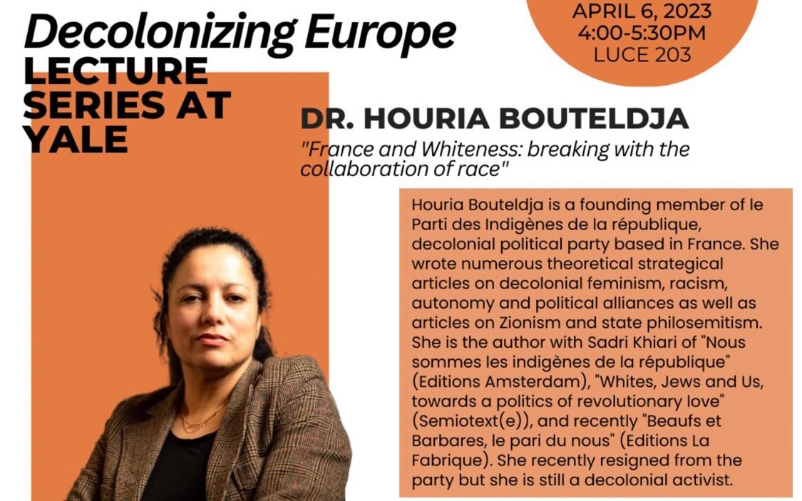 Yale is hosting an atrocious antisemite and homophobe - Houria Bouteldja - on their campus this Thursday April 6th.

Examples of her horrifying bigotry:
- "Zionists to the Gulag" (wishing harm to 90% plus of Jews globally) 

- "Killing an Israeli is killing two birds with one