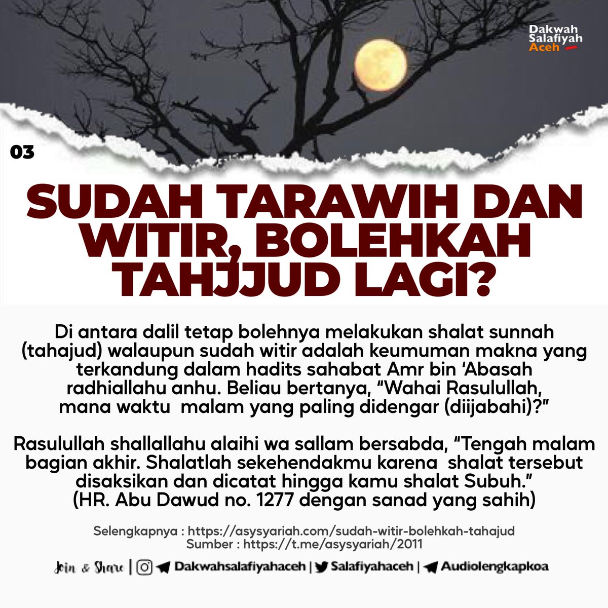 salafiyahaceh's tweet photo. SUDAH TARAWIH DAN WITIR, BOLEHKAH TAHAJJUD LAGI?

KLIK DISINI : https://t.co/BWJQuEyOEj

JOIN &amp; SHARE : 

Telegram : https://t.co/kUXTdQjvcR
Instagram : https://t.co/vzisCN4mMO
Twitter : https://t.co/bKk06n0M4M

#ramadhan #shalat #witir #tahajud https://t.co/wUMDt61DcA