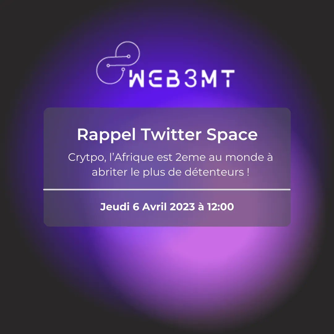 Web3markteam's tweet photo. Quand on pense a l'Afrique on ne pense pas Crypto.
Surpris(e) ?
Laissez-nous vous changer les idées ce Jeudi 6 Avril à Midi.
https://t.co/L9DlejaBZ9 

#crypto #MetaverseNFT #metaverse #cryptocurrency #CryptoTwitter #TwitterSpaces #frenchcommunity #CryptoCommunity https://t.co/uWIezqFrNf