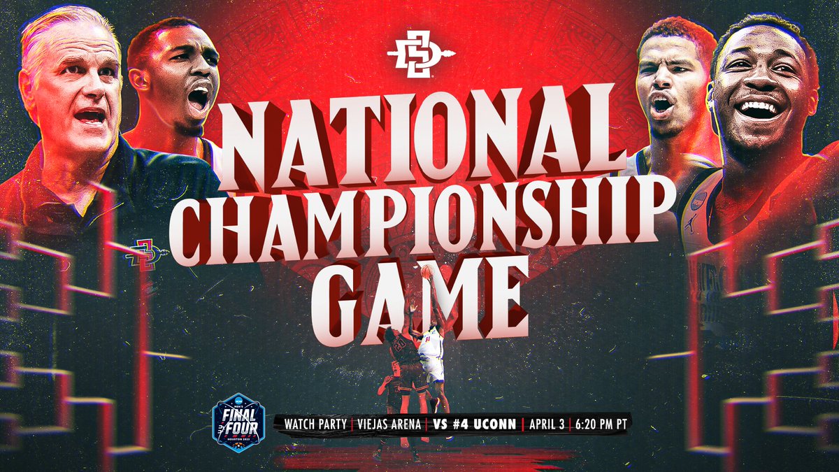 The time is now! Join us at Viejas Arena for a FREE SDSU watch party as the men's basketball team takes on the University of Connecticut in the NCAA National Championship title game! Doors open at 5 p.m. for the 6:20 p.m. tip off. Clear bag policy will be in effect. #GoAztecs