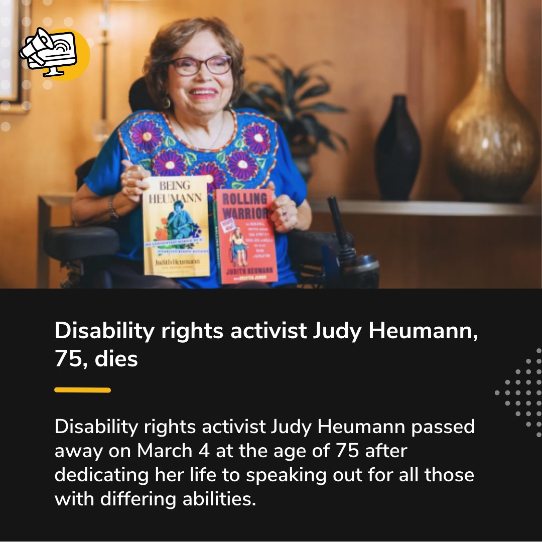 abilitymediagrp's tweet photo. Disability rights activist Judy Heumann, 75, dies. Read your #abilityarticle here: https://t.co/yNXZLCwdis
Graphic: Photo of Judy Heumann
#ability #ADA #504Sit-In #CripCamp #RehabilitationAct #MotherofDisabilityRights #sensorydifference #disabilityrights #activisim #inclusivity https://t.co/Ymt2EtO1vl