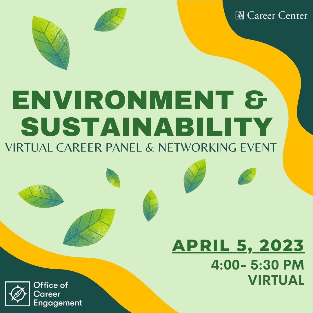 REMINDER: Don't forget to join us for the Environment &amp; Sustainability Virtual Career Panel &amp; Networking Event, happening on Wednesday, April 5 from 4:00 - 5:30PM ET. Register here: ow.ly/5Sqp50Nw1Q3
