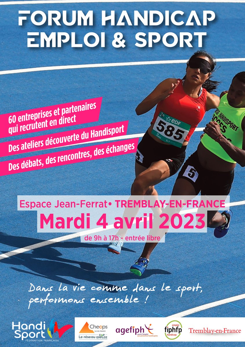📅 Retrouvez Emma, Ilona et Christopher demain au Forum #Handicap #Emploi &amp; #Sport ! 

📌 RDV à l' Espace Jean-Ferrat à Tremblay en France de 9h à 17h - entrée libre

 <a href="/Agefiph_/">Agefiph</a>  <a href="/CheopsIDF/">CHEOPS Ile de france</a> <a href="/FFHandisport/">FFHandisport</a>