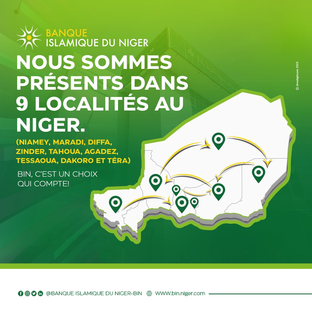 Pour nous rapprocher encore plus de vous, nous sommes présents dans 9 localités au Niger. Faites vos transactions financières en toute confiance à travers tout le pays.

Excellente semaine à tous! 😊
________________________

Site web : bin-niger.com
