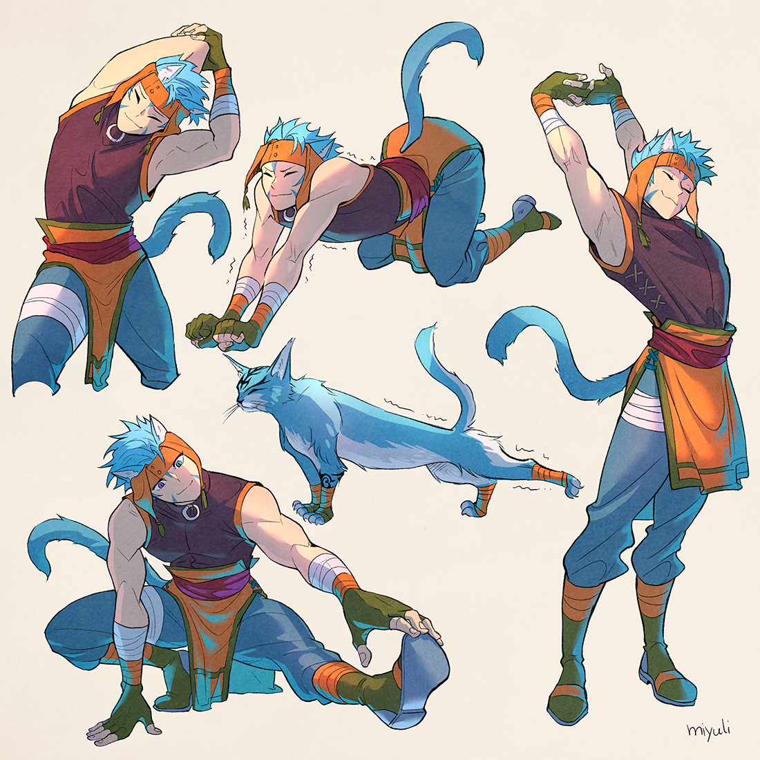 stretching 1boy blue hair tail cat tail male focus cat ears  illustration images