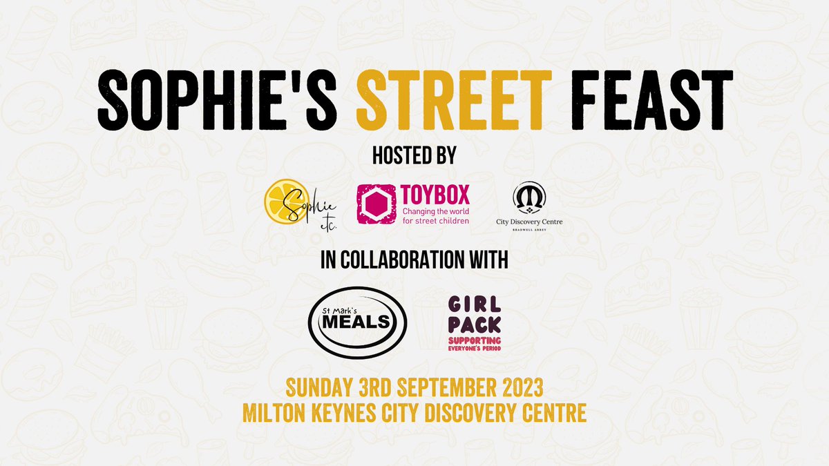 SAVE THE DATE for #SophiesStreetFeast on Sunday 3rd September 🥳 Brought to you by @sophie_etc_ @toyboxcharity and @MKCityDiscovery this event will support @toyboxcharity, St Mark's Meals & @GirlPackMK 🥰 More information and vendor announcements are coming soon!