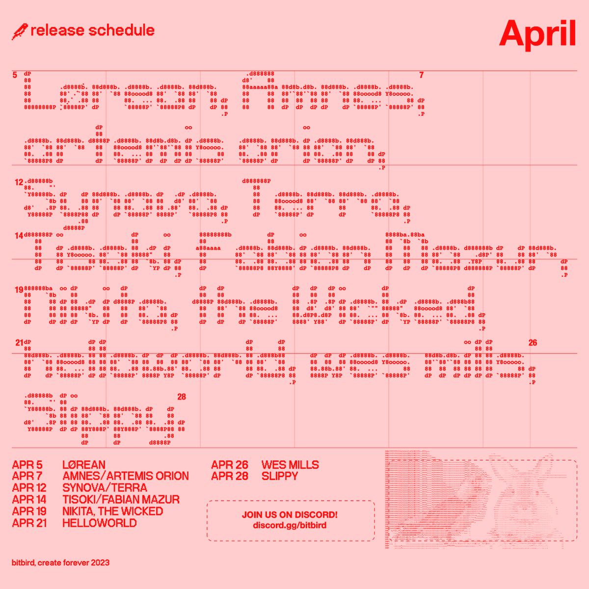 APRIL SCHEDULE 📆

new releases coming from <a href="/Lorean_music/">LØREAN</a>, <a href="/itsamnes/">AMNES</a>, <a href="/artemisxorion/">artemis orion ☾</a>, <a href="/Synovamusic/">Synova</a>, Terra, <a href="/tisoki/">TISOKI</a>, <a href="/FabianMazur/">Fabian Mazur</a>, <a href="/nikitathewicked/">Nikita, the Wicked</a>, <a href="/helloworldbeats/">helloworld</a>, <a href="/itswesmills/">wes mills</a>, and <a href="/slippy_music/">Slippy</a> 🕊️