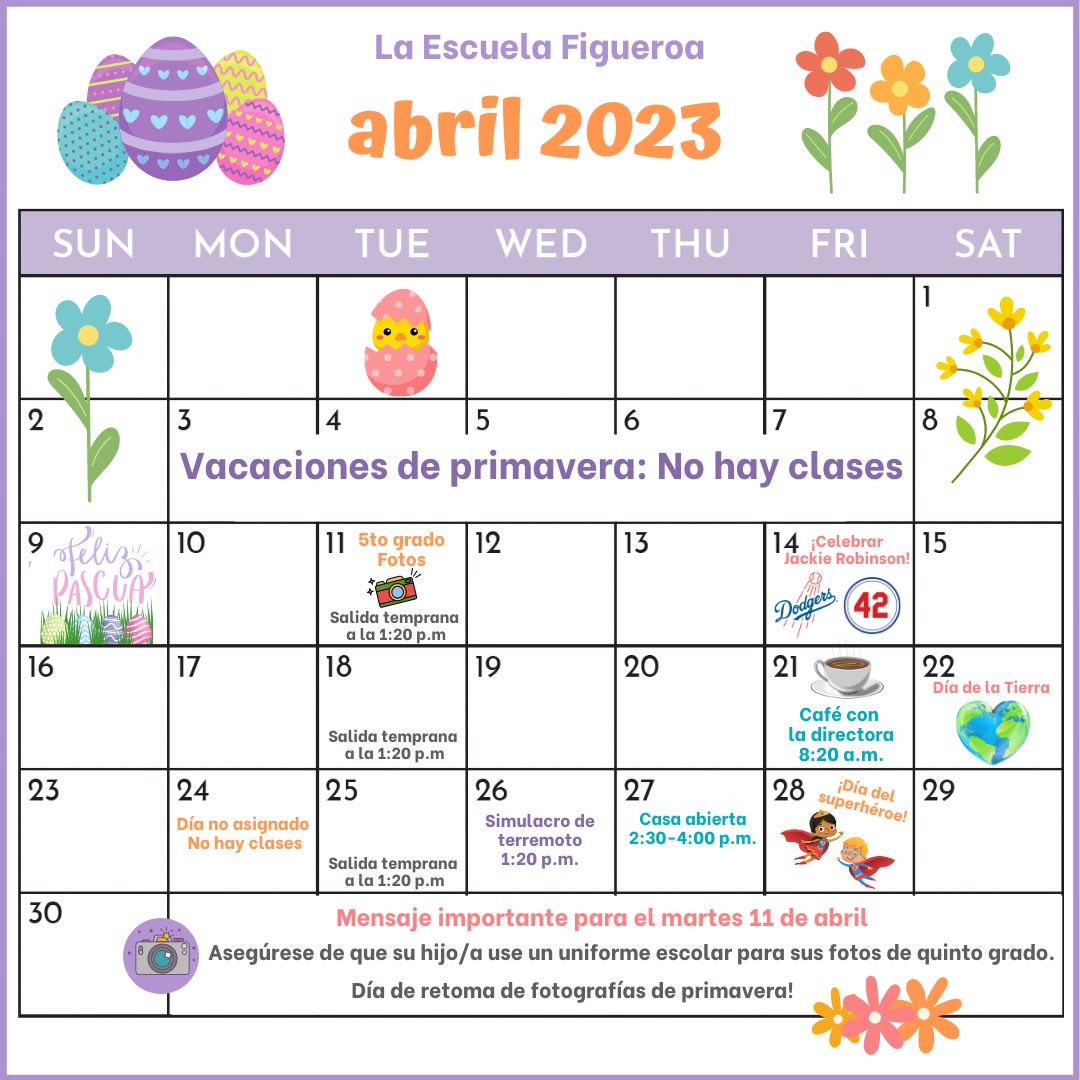 🐬Hello Figueroa Families🐬! Just a reminder of upcoming events this month! 🏫🌸🐣🌼

🐬¡Hola Familias de la Escuela Figueroa🐬! ¡Un recordatorio de los próximos eventos de este mes!🏫🌺🐣🌸