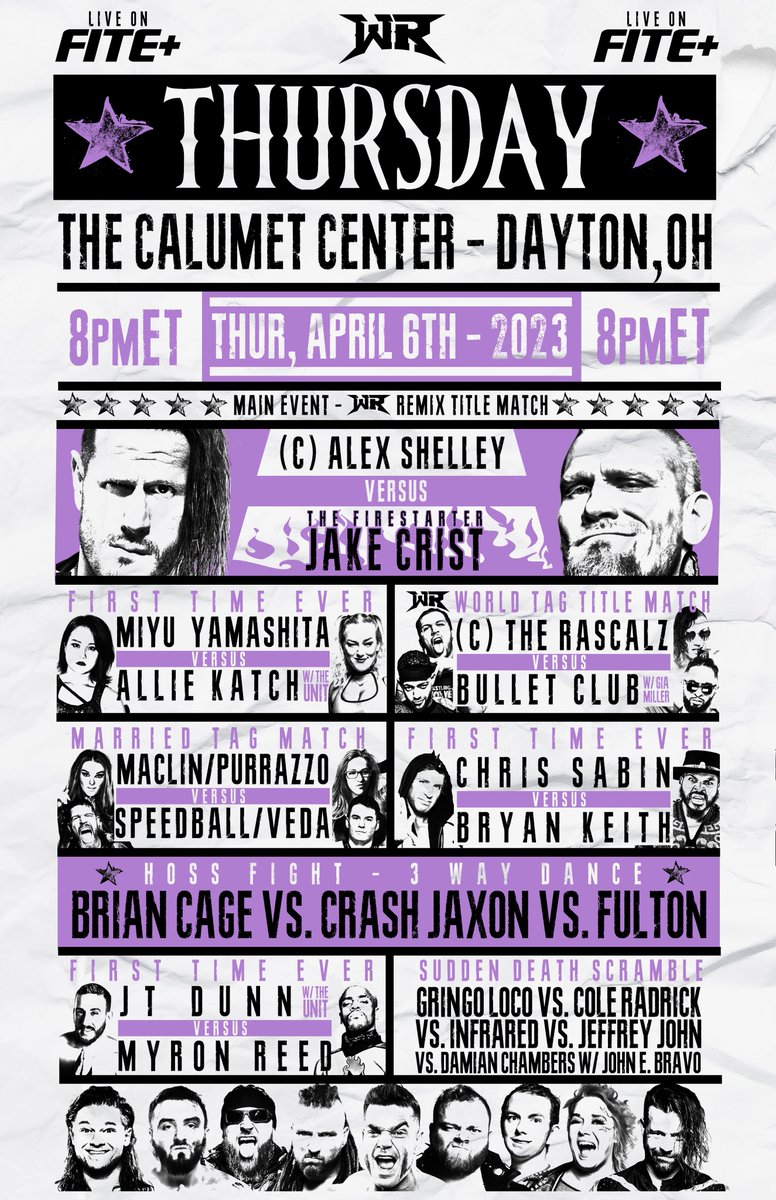🚨Get 100RTs🚨 

*Vintage Poster*

THIS THUR!
#RevolverTHURSDAY
Dayton, OH
LIVE on <a href="/FiteTV/">Mat Ngot</a>+

🎟️ RevolverTickets.com

Shelley v Crist
Yamashita v Katch
Rascalz v ABC
Maclin/Deonna v BirdLaw
Sabin v Keith
Cage v Crash v Fulton
Dunn v Reed
Scramble

📺 fite.tv/watch/wr-thurs…