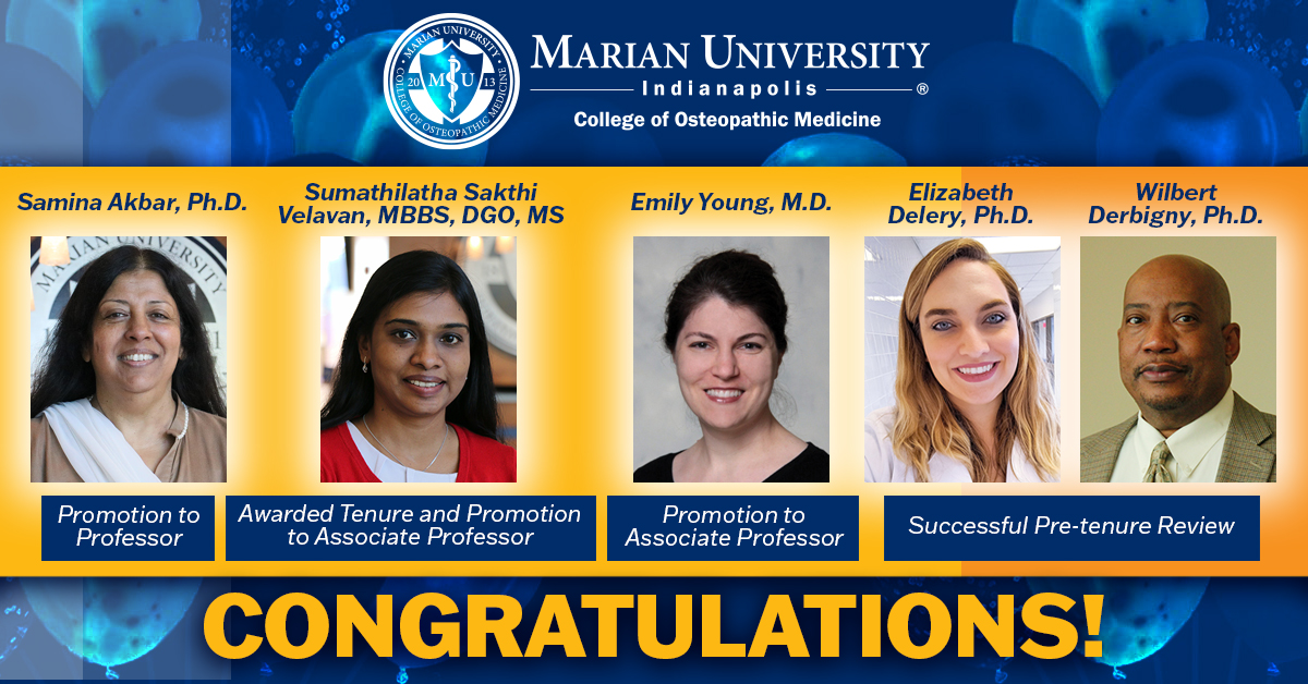 Congrats to COM faculty members Dr. Akbar, Dr. Sakthi Velavan, Dr. Young, Dr. Derbigny, and Dr. Delery on their recent promotions! Each contributes tirelessly to the quality education and well-being of our students and are valued members of the greater COM community. @MarianUniv