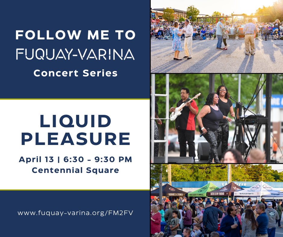 The Follow Me to Fuquay-Varina concert series begins on April 13 with the band Liquid Pleasure!

Come out and enjoy food trucks and beer vendors while you listen to live music in the heart of downtown.

Learn more: bit.ly/FM2FV