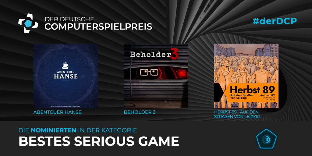 Mit "Bestes Serious Game" werden Spiele ausgezeichnet, die nicht nur der Unterhaltung dienen! 🧠

Nominierungen:
🎮 Abenteuer Hanse (<a href="/WegesrandNet/">Wegesrand</a> / <a href="/hansemuseum_eu/">Europäisches Hansemuseum</a>)
🎮 <a href="/Beholder_Game/">Beholder: Conductor 🚂 OUT NOW on Steam!</a> (@paintbucket_de / <a href="/alawarteam/">Alawar • Wall World 2 Playtest on Steam!</a>)
🎮 Herbst 89 (@Playing_History)

✨ #derDCP