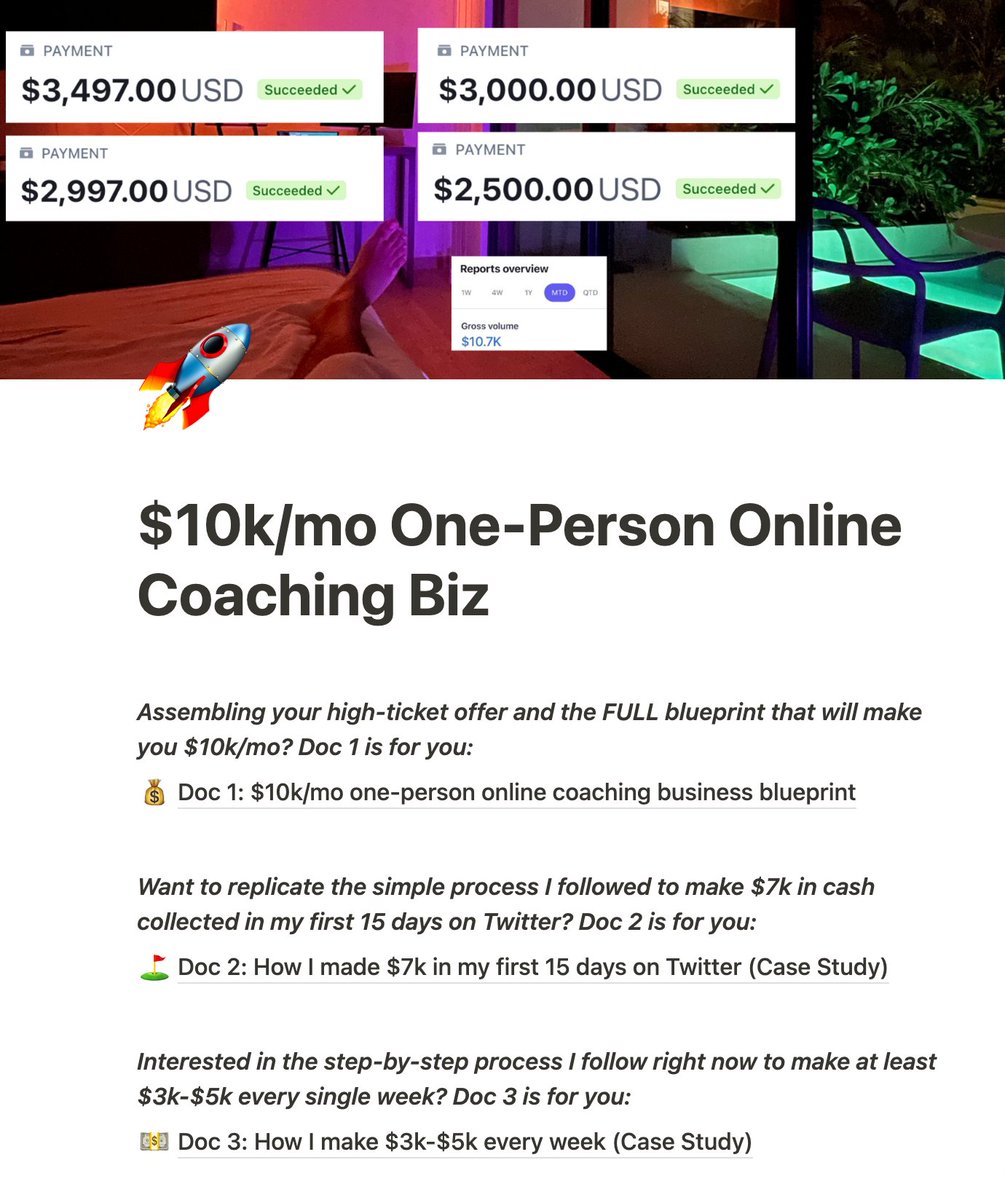 I've scaled multiple one-person online coaching businesses to $10k/month

I put EVERYTHING I learned in the past 4 years into this notion

This will teach you how to scale to $10k/month fast

Should be $1,497+

RT + Comment "10k" and I'll DM it to you for FREE

(Must Follow)