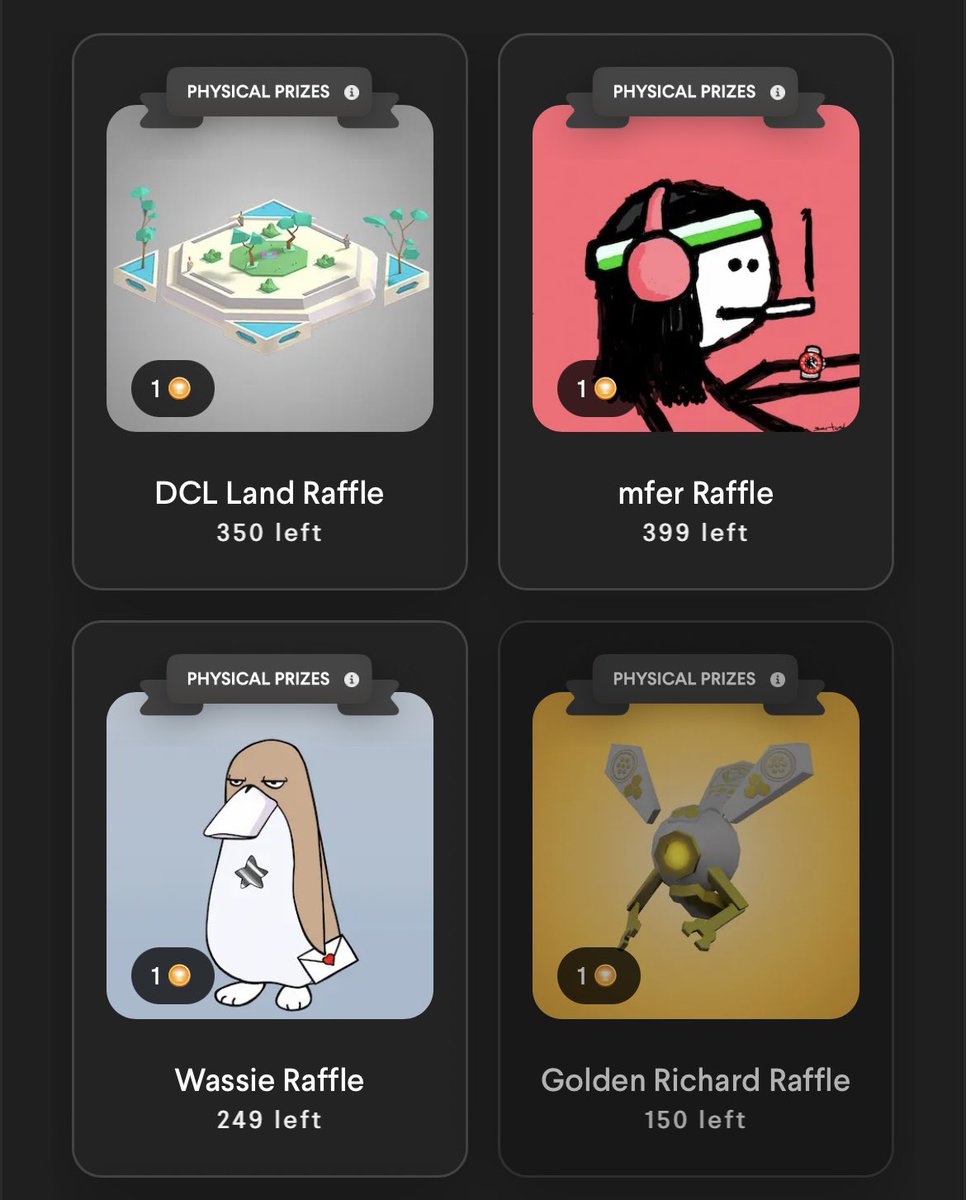 4 new raffles are live on ICE Poker Arcade! 

A plot of <a href="/decentraland/">Decentraland</a> LAND, a <a href="/unofficialmfers/">mfers</a>, a <a href="/bywassies/">ByWassies</a>, and a Golden Richard. 

All 1 Badge to enter.