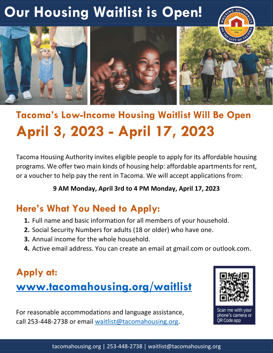 Our waitlist is officially open! 

Apply today at tacomahousing.org/waitlist.