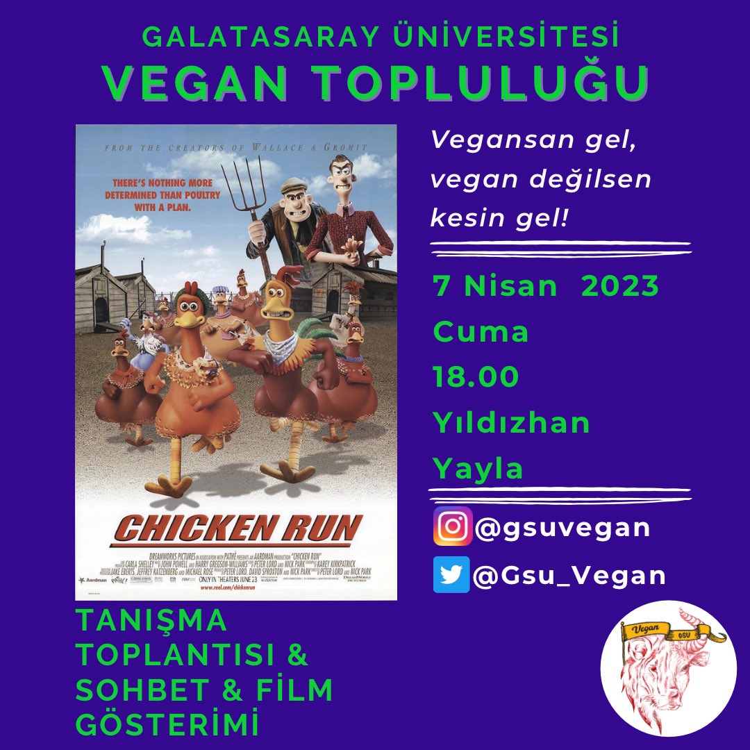 Bu dönemin ilk etkinliğinde önce tanışıp sohbet ediyor, ardından Chicken Run'ı izleyip kritiğini yapıyoruz.
7 Nisan 2023 Cuma 18:00'de Yıldızhan Yayla'ya hepinizi bekliyoruz.
Etkinliğimiz okul dışı katılımcılara açıktır. Profilimizdeki formu doldurmanız yeterlidir.