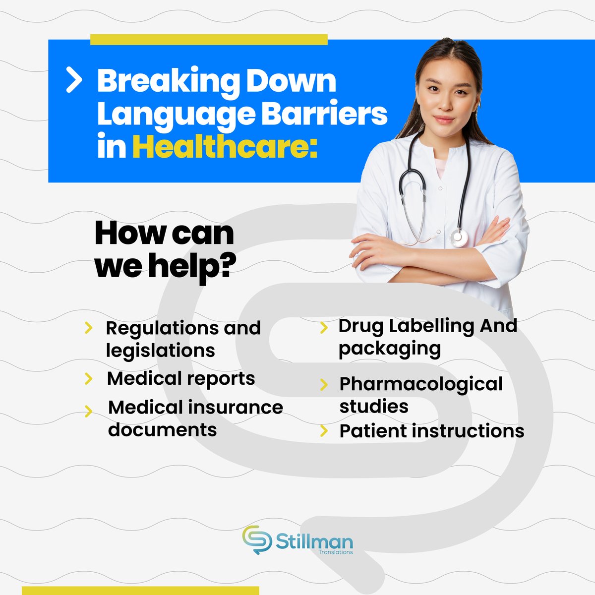 StillmanTrans's tweet photo. At Stillman, we understand that every word counts in healthcare translations. That's why we take pride in delivering precise translations that make a positive impact on patients and healthcare providers around the world. 
Contact us today for our healthcare #translation services! https://t.co/u44DFHqBlC