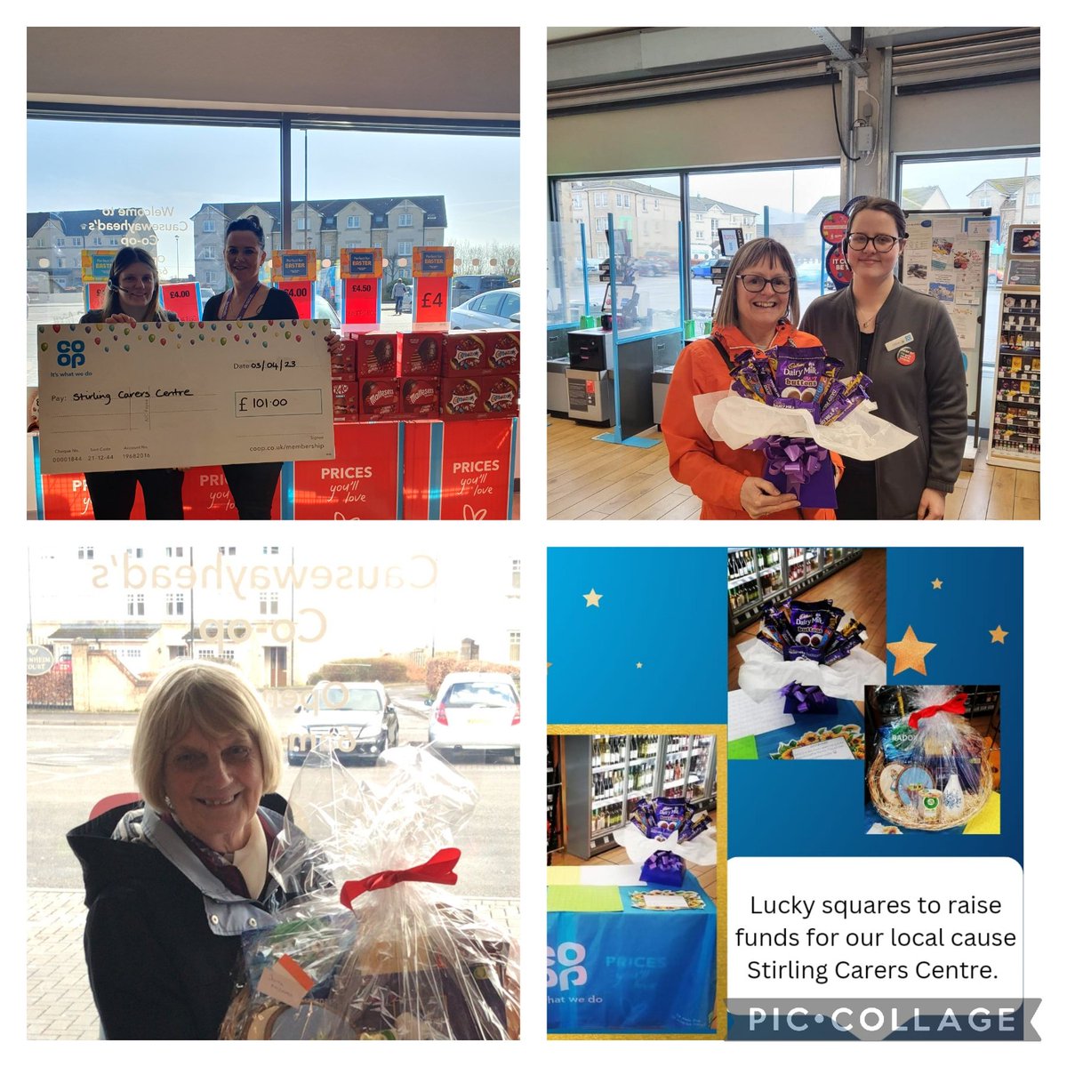 Causewayhead Co-op ran a lucky squares to help raise money for one one of our local causes. Stirling Carers Centre were delighted to recieve £101 and our 2 lucky winners were also delighted with their hamper prizes @coopuk @peterpalm18 @andybDGM @StirlingCarers