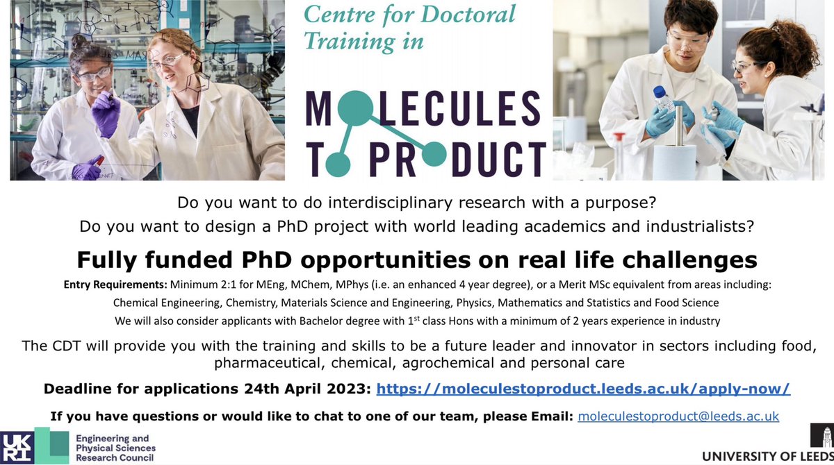 CDT in Molecules to Product (@moltoproduct) on Twitter photo <a href="/EPSRC/">Engineering and Physical Sciences Research Council</a> Fully funded #PhD opportunities at #Leeds through the EPSRC CDT in Molecules to Product! Our next deadline is 24th April: moleculestoproduct.leeds.ac.uk <a href="/EPSRC/">Engineering and Physical Sciences Research Council</a> Fully funded #PhD opportunities at #Leeds through the EPSRC CDT in Molecules to Product! Our next deadline is 24th April: moleculestoproduct.leeds.ac.uk