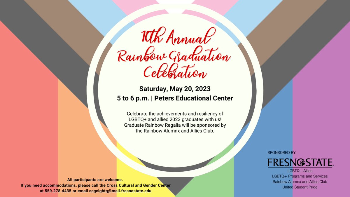 Join us at the 10th annual Rainbow Graduation Celebration on Sat. May 20 at 5 pm! Graduates receive rainbow regalia at no cost. The deadline to apply is April 27 at 11:59 p.m. Graduate registration: bit.ly/RGraduate23 Guest registration: bit.ly/Rainbowguest23