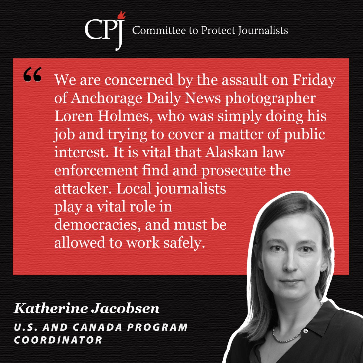 Committee to Protect Journalists (@pressfreedom) on Twitter photo “We are concerned by the assault on Friday of <a href="/adndotcom/">Anchorage Daily News</a> photographer <a href="/lorenholmes/">Loren Holmes</a>, who was simply doing his job and trying to cover a matter of public interest. It is vital that Alaskan law enforcement find and prosecute the attacker. Local journalists play a vital role in “We are concerned by the assault on Friday of <a href="/adndotcom/">Anchorage Daily News</a> photographer <a href="/lorenholmes/">Loren Holmes</a>, who was simply doing his job and trying to cover a matter of public interest. It is vital that Alaskan law enforcement find and prosecute the attacker. Local journalists play a vital role in