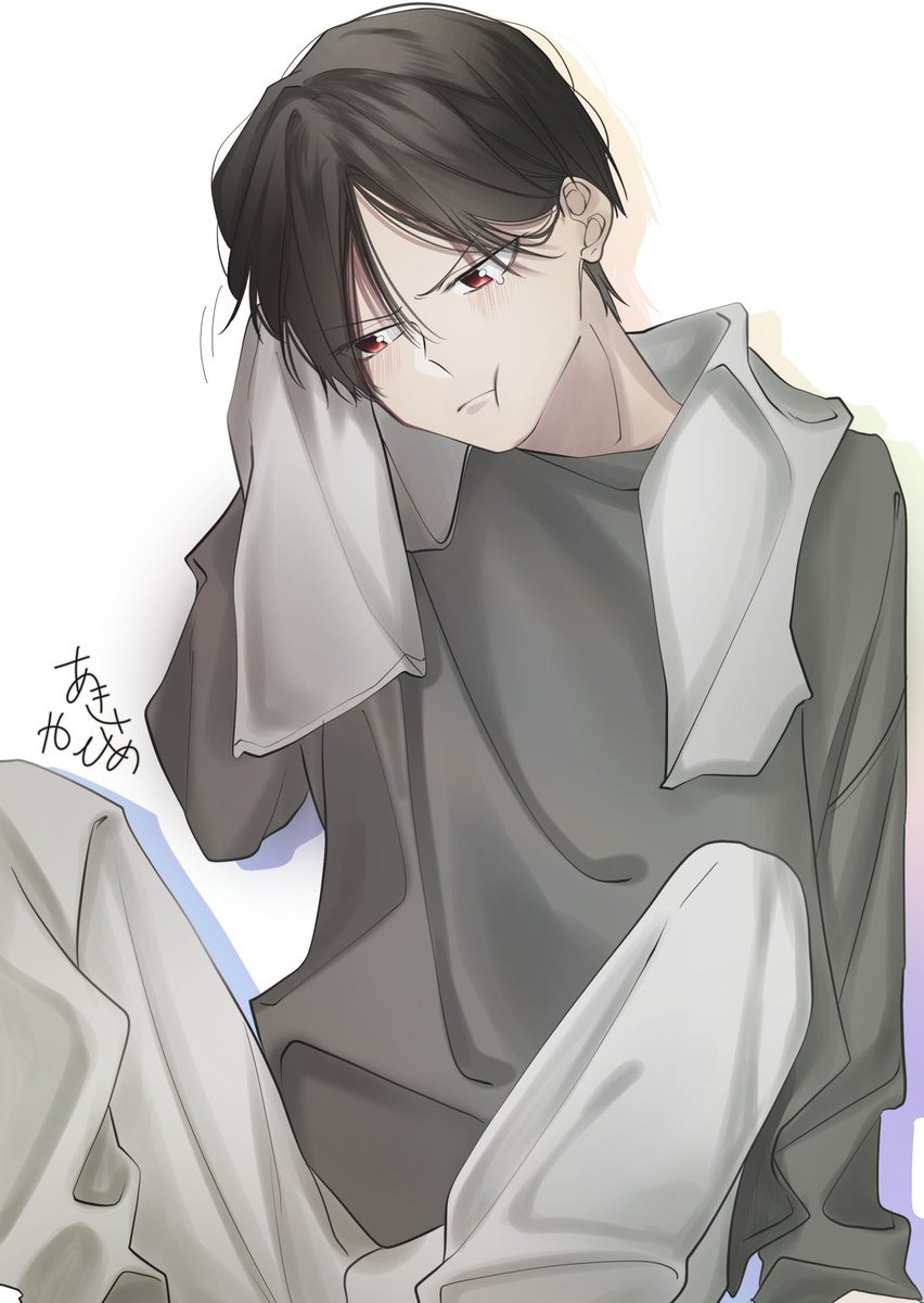 1boy male focus towel red eyes pants black hair solo  illustration images