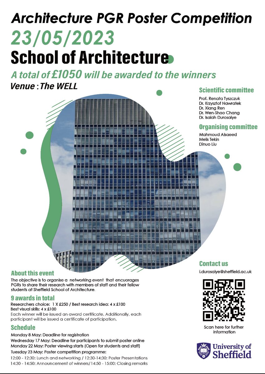 This is a call to PGRs and ECRs at the Sheffield School of Architecture to participate in an Open  Poster Competition, on 23rd May 2023. You can register for the poster competition by Monday 8th of May. @SSoA_news <a href="/SSoA_research/">SSoA_research</a> <a href="/sheffielduni/">The University of Sheffield</a> <a href="/renatatyszczuk/">Prof Renata Tyszczuk</a>