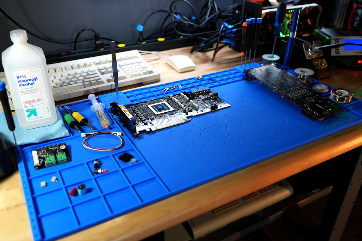 GamersNexus's tweet photo. Super excited to launch our Project & Soldering Mat! This thing is extremely heat resistant and can withstand a soldering iron's heat, it's durable, and it's built for all kinds of hobbyist or electronics projects with tool sorters! Easy to clean, too: https://t.co/ARJ8LqcAf1 https://t.co/UygB4Kh0ku