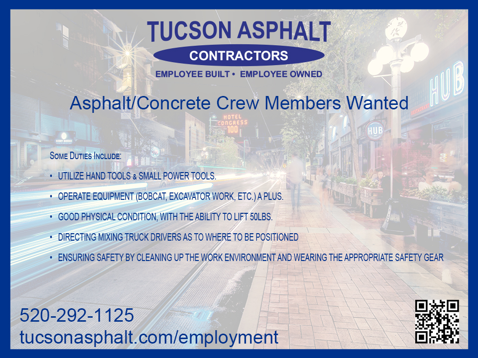 TucsonAsphalt's tweet photo. We have a few positions at Tucson Asphalt Contractors (CDL Drivers, Concrete Crew Members, &amp; Rakers). Please use the QR code or visit our website at https://t.co/28V3d7JerL. Our fantastic Team is growing and growing fast.

#employeebuilt #employeeowned https://t.co/LOxlguWNSf