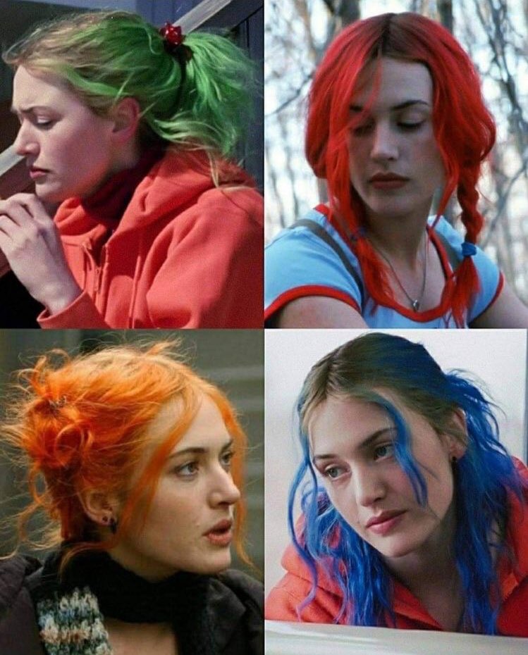 ¿Sabían que el cabello de Kate Winslet va cambiando de color a medida que su relación con Jim Carrey va avanzando en “Eterno resplandor de una mente sin recuerdos?
Cuando se conocen, su pelo es verde, representando que la relación empieza a florecer. Luego cambia a rojo+