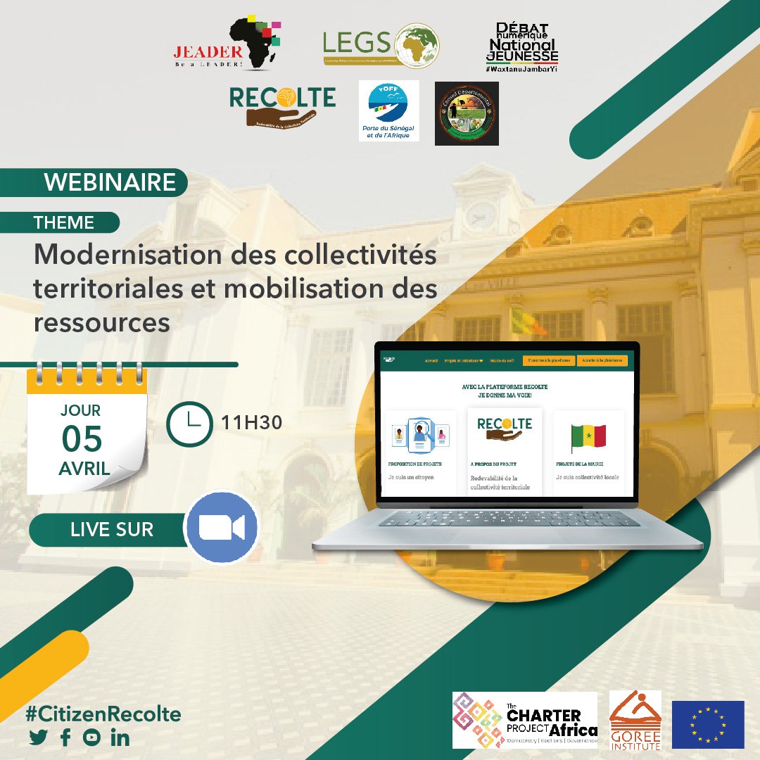 #Citizenrecolte #civictech💻
📍🖊️Débat numérique #3🎙

📜 Thème : "La modernisation des collectivités territoriales et la mobilisation des ressources".
📅Date : 05 Avril
🕚 à partir de 11h30
🖱Lien d'inscription : bit.ly/3nFll6n

#Redevabilitéactive #gouvernancelocale