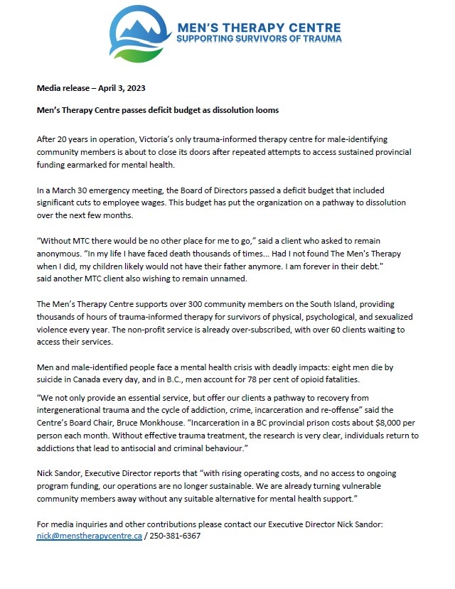 With a heavy heart The Men’s Therapy Centre is announcing that we will be closing our doors without financial support for our core programming. Please share this news with our community to help support the men accessing our services.  
#menstherapycentre