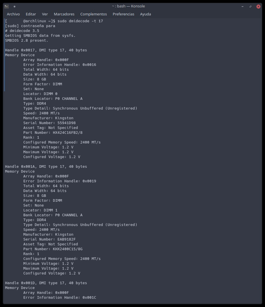 podcastlinux's tweet image. ¿Quieres aumentar la memoria de tu PC y necesitas saber exactamente modelo, tipo, frecuencia...?
Con el comando &quot;sudo dmidecode -t 17&quot; podrás saber todo sobre las que tienes y comprar sin miedo a que no sean compatibles.