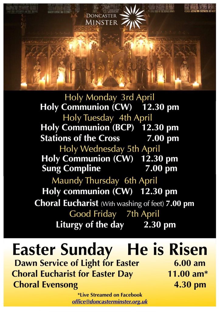 David Stevens (@revdstevens) on Twitter photo These are this week’s Holy Week and Easter services <a href="/DonMinster/">Doncaster Minster</a>. Do come and join us at any of our services, you would be most welcome. <a href="/MyDoncaster/">City of Doncaster Council</a> and join us for the Walk of Witness on Good Friday at 11am from the Mansion House. These are this week’s Holy Week and Easter services <a href="/DonMinster/">Doncaster Minster</a>. Do come and join us at any of our services, you would be most welcome. <a href="/MyDoncaster/">City of Doncaster Council</a> and join us for the Walk of Witness on Good Friday at 11am from the Mansion House.