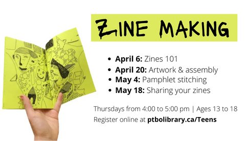 Curious about Zines?

We have a fun series coming up for teens who are interested in making their own zine! Registration is open for this 4-part series:

We meet on Thursdays from 4:00 to 5:00 pm. Register at bit.ly/3I75tA4