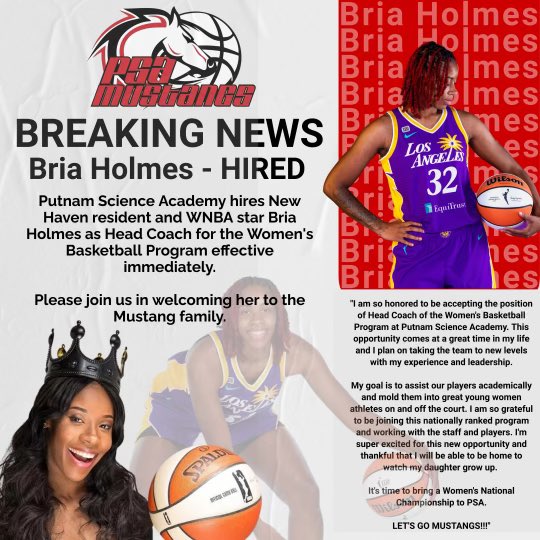 PSA_Athletics (@athleticspsa) on Twitter photo Couldnāt be more excited to share the news that we have hired WNBA player Bria Holmes as our next womenās basketball coach! She comes to us with a wealth of knowledge and experienceā¦we canāt wait to get it started!!
<a href="/PSAGirlsHoops/">PSA Girls Hoops</a> <a href="/PSA_Mustangs/">Putnam Science Academy</a> Couldnāt be more excited to share the news that we have hired WNBA player Bria Holmes as our next womenās basketball coach! She comes to us with a wealth of knowledge and experienceā¦we canāt wait to get it started!!
<a href="/PSAGirlsHoops/">PSA Girls Hoops</a> <a href="/PSA_Mustangs/">Putnam Science Academy</a>