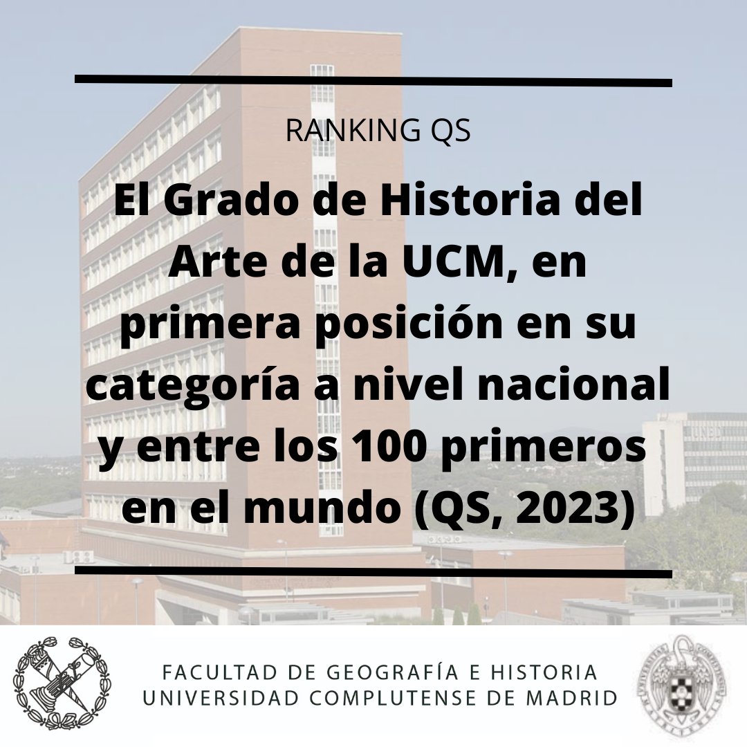 🗣Ranking QS 2023🗣 La Facultad de Geografía e Historia vuelve a posicionarse como la primera de España y entre las 100 primeras a nivel mundial en las áreas de Artes y Humanidades. Los Grados en Arqueología, Geografía, Historia e Historia del Arte se sitúan en primera posición.