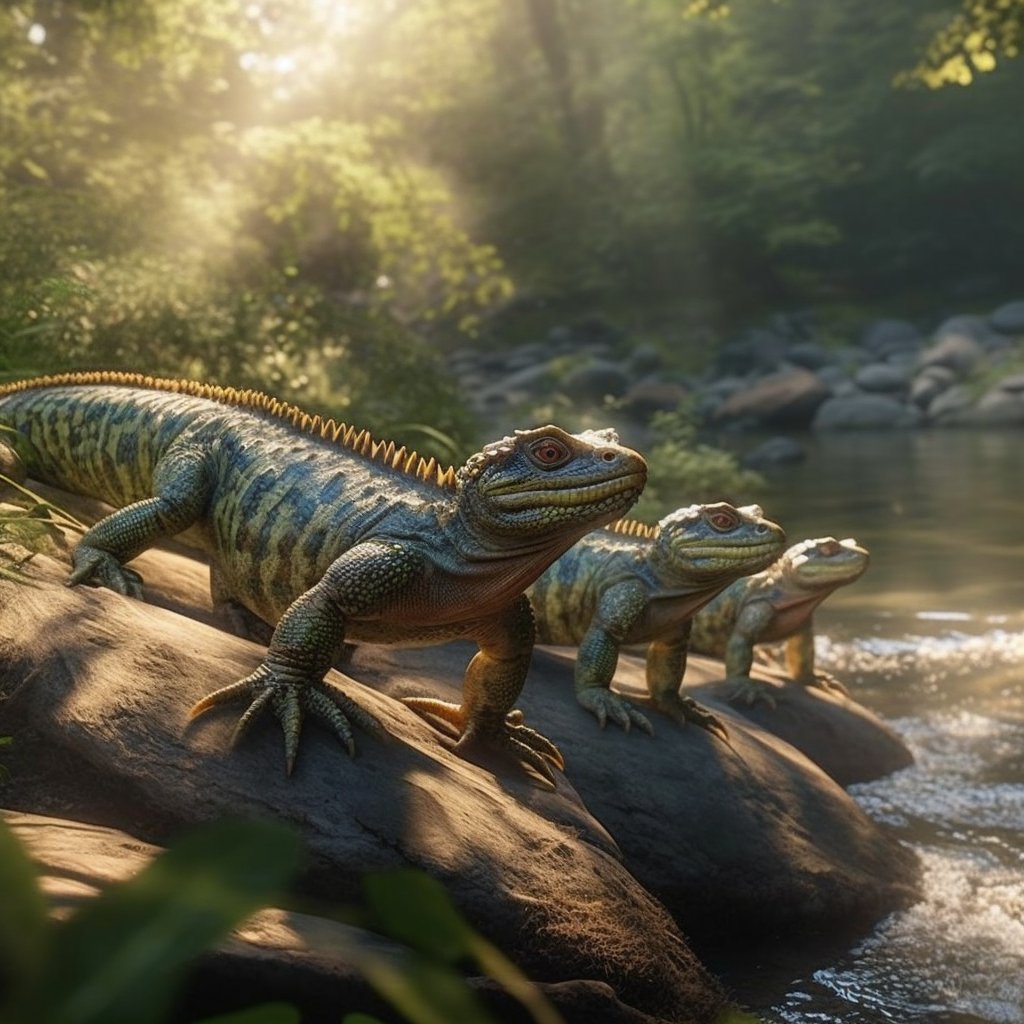 NimbusTerra's tweet photo. 🌿🦎 Spotted the captivating Emerald River Sprinters! 

These nimble yet muscular reptilian creatures thrive in the lush riverside foliage.

Today, we saw their courage firsthand as they boldly defended their nest from an unseen danger lurking in the water. #NimbusTerra #Azuris https://t.co/UlET5Fs3e2