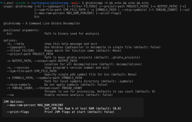 clearbluejar's tweet image. ghidrecomp v0.2.0 🔥
#ghidra #devcontainer #python
Added:
- docker image for Mac M1 (arm64)
- JVM memory config (more mem, more decomp?) github.com/clearbluejar/g…